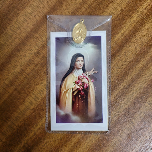 St Therese prayer card with medal